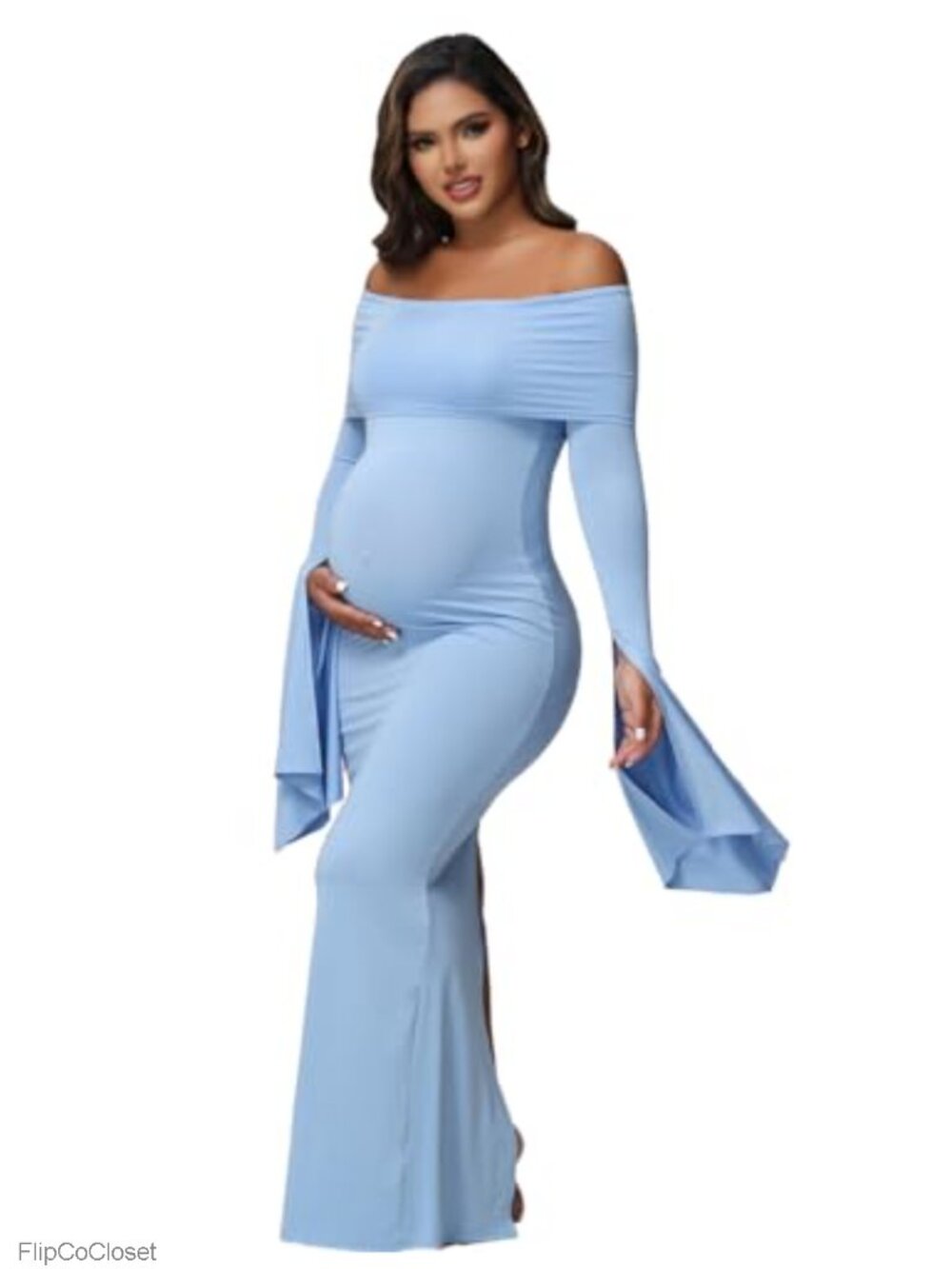 Maternity Off Shoulder Long Sleeve Flared Dress Baby Shower Photoshoot 95%